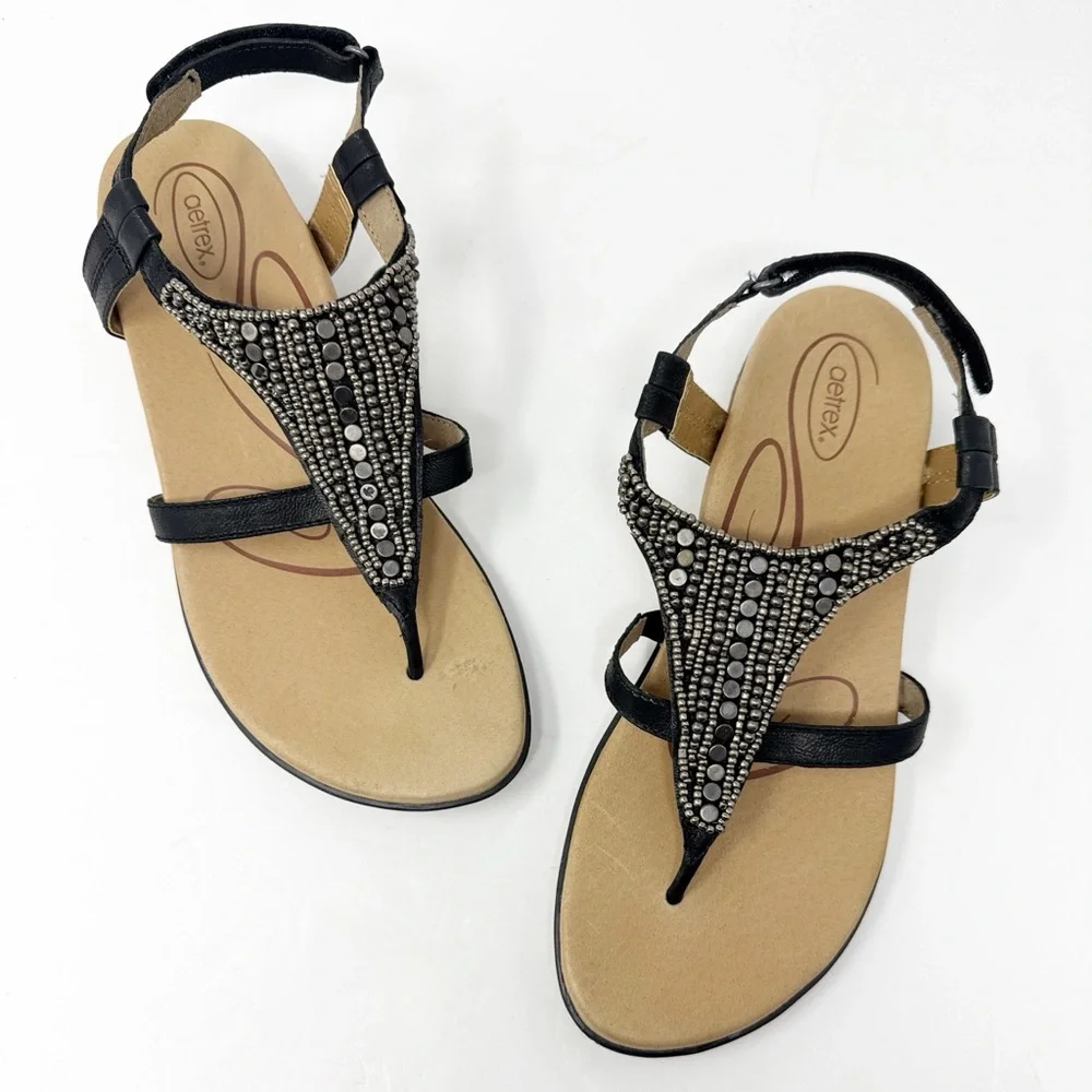 Aetrex Sheila Leather Beaded Sandals Black Silver Size 39 8.5 - Picture 9 of 10